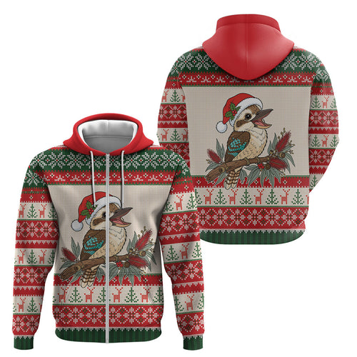 Aussie Kookaburra Christmas Zip Hoodie Festive Knitted Pattern Inspired
