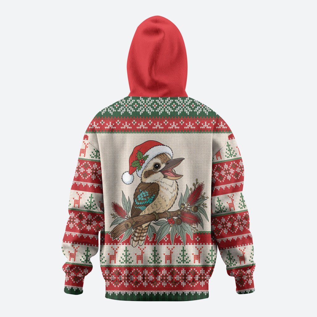 Aussie Kookaburra Christmas Zip Hoodie Festive Knitted Pattern Inspired