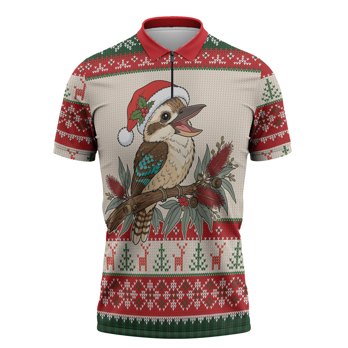 Aussie Kookaburra Christmas Zipper Polo Shirt Festive Knitted Pattern Inspired
