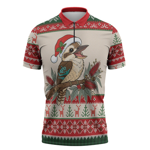 Aussie Kookaburra Christmas Zipper Polo Shirt Festive Knitted Pattern Inspired