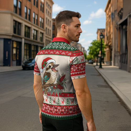Aussie Kookaburra Christmas Zipper Polo Shirt Festive Knitted Pattern Inspired