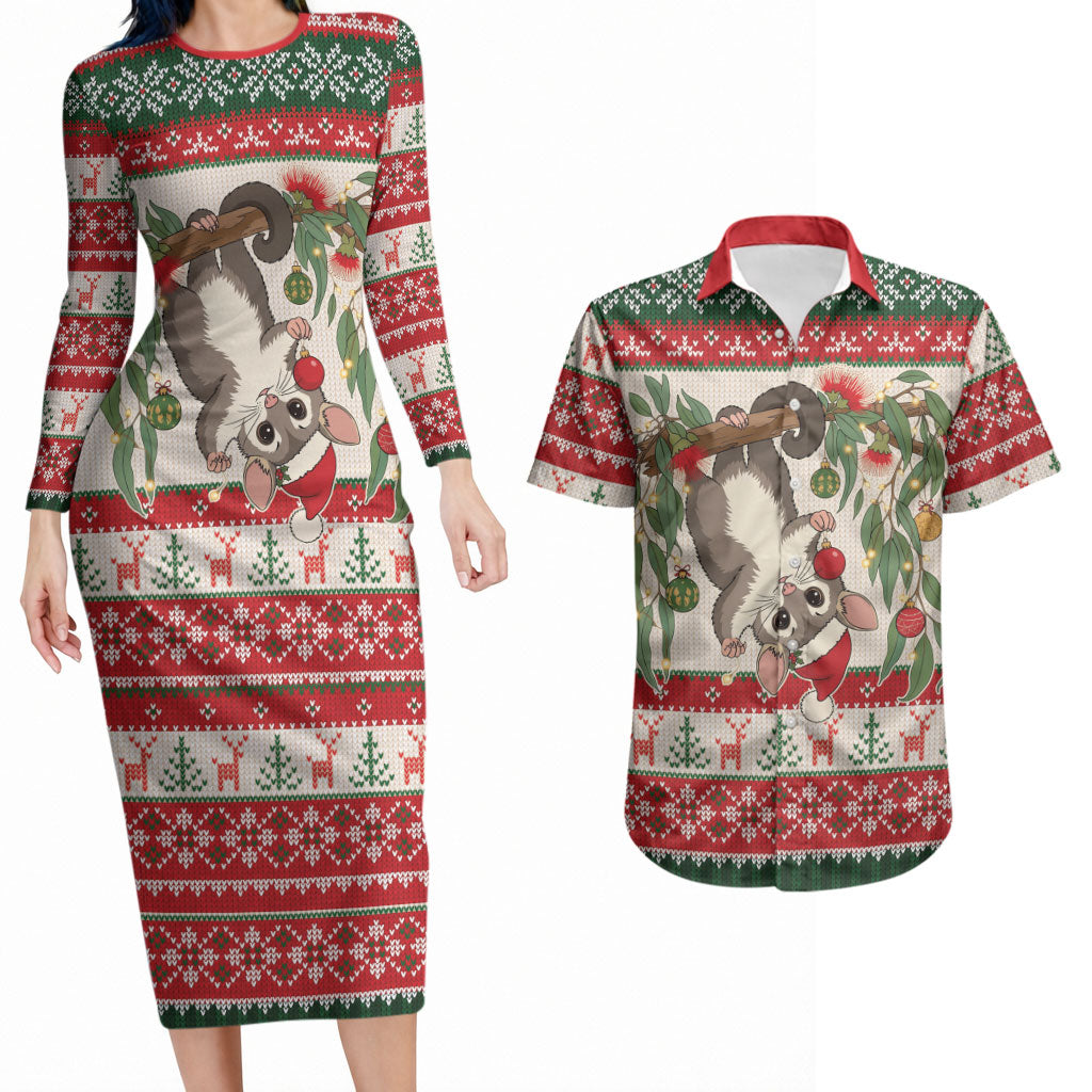 Aussie Sugar Glider Christmas Couples Matching Long Sleeve Bodycon Dress and Hawaiian Shirt Festive Knitted Pattern Inspired