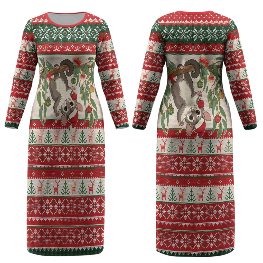 Aussie Sugar Glider Christmas Couples Matching Long Sleeve Bodycon Dress and Hawaiian Shirt Festive Knitted Pattern Inspired