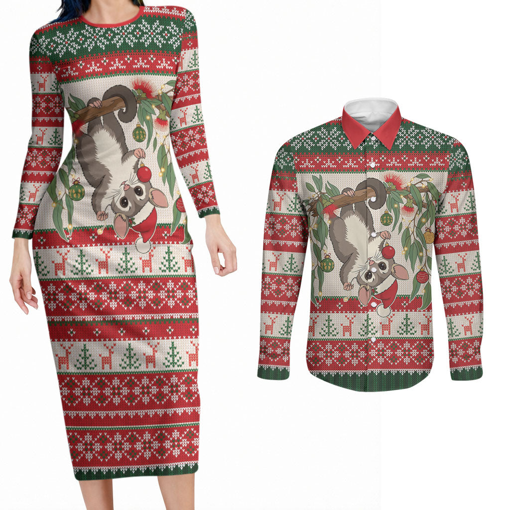 Aussie Sugar Glider Christmas Couples Matching Long Sleeve Bodycon Dress and Long Sleeve Button Shirt Festive Knitted Pattern Inspired