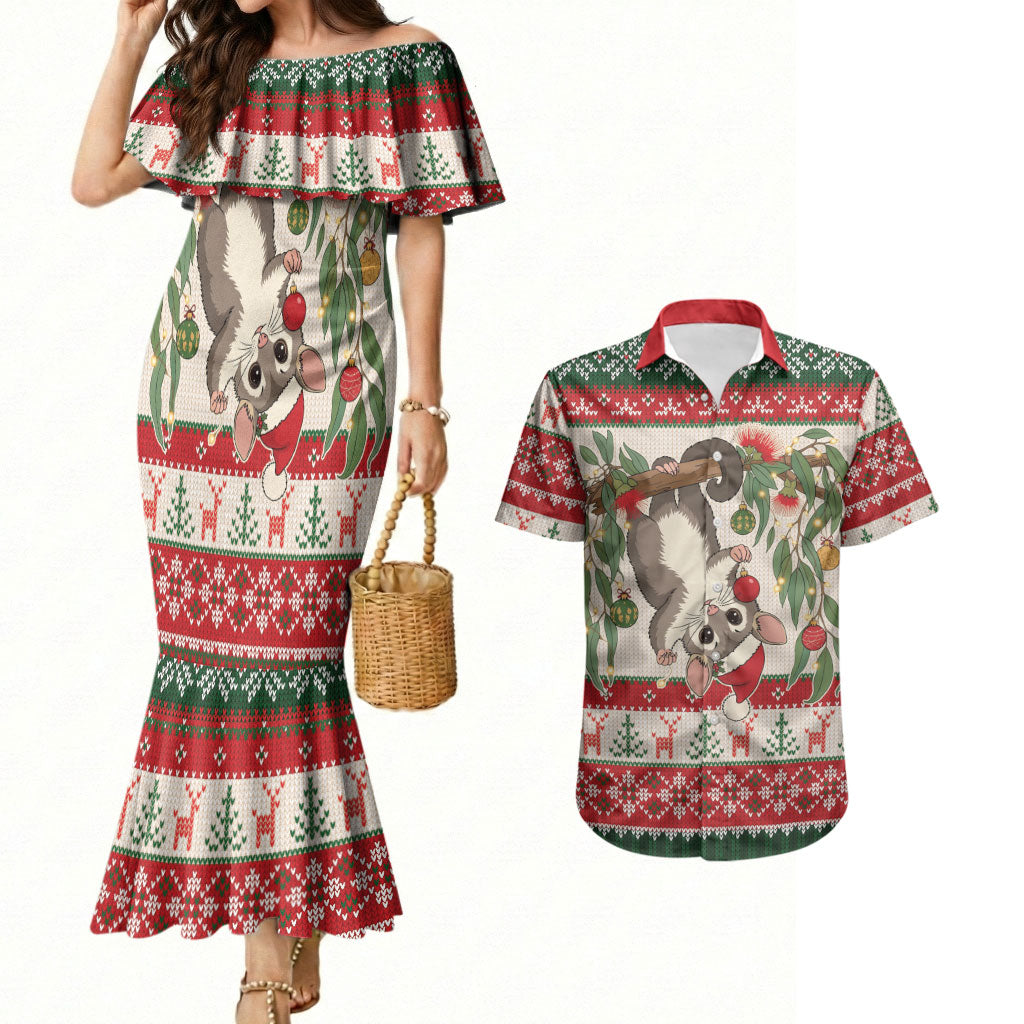 Aussie Sugar Glider Christmas Couples Matching Mermaid Dress and Hawaiian Shirt Festive Knitted Pattern Inspired