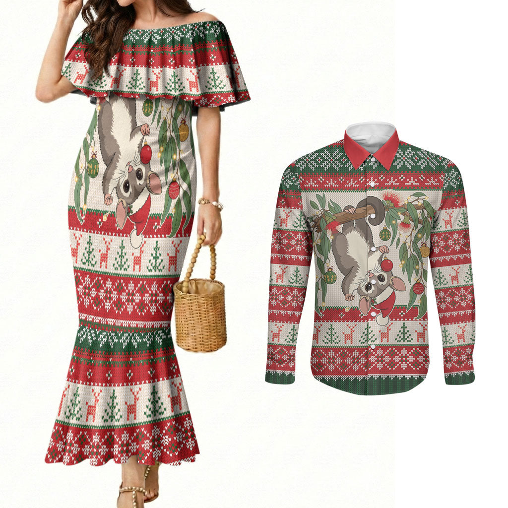 Aussie Sugar Glider Christmas Couples Matching Mermaid Dress and Long Sleeve Button Shirt Festive Knitted Pattern Inspired