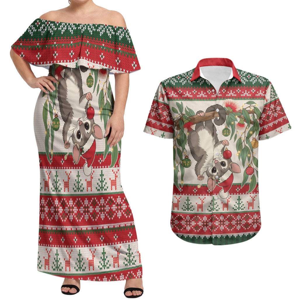 Aussie Sugar Glider Christmas Couples Matching Off Shoulder Maxi Dress and Hawaiian Shirt Festive Knitted Pattern Inspired