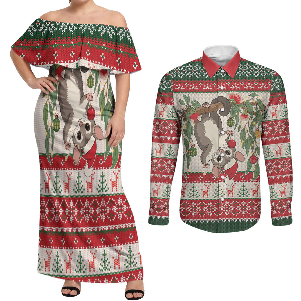 Aussie Sugar Glider Christmas Couples Matching Off Shoulder Maxi Dress and Long Sleeve Button Shirt Festive Knitted Pattern Inspired