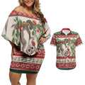 Aussie Sugar Glider Christmas Couples Matching Off Shoulder Short Dress and Hawaiian Shirt Festive Knitted Pattern Inspired