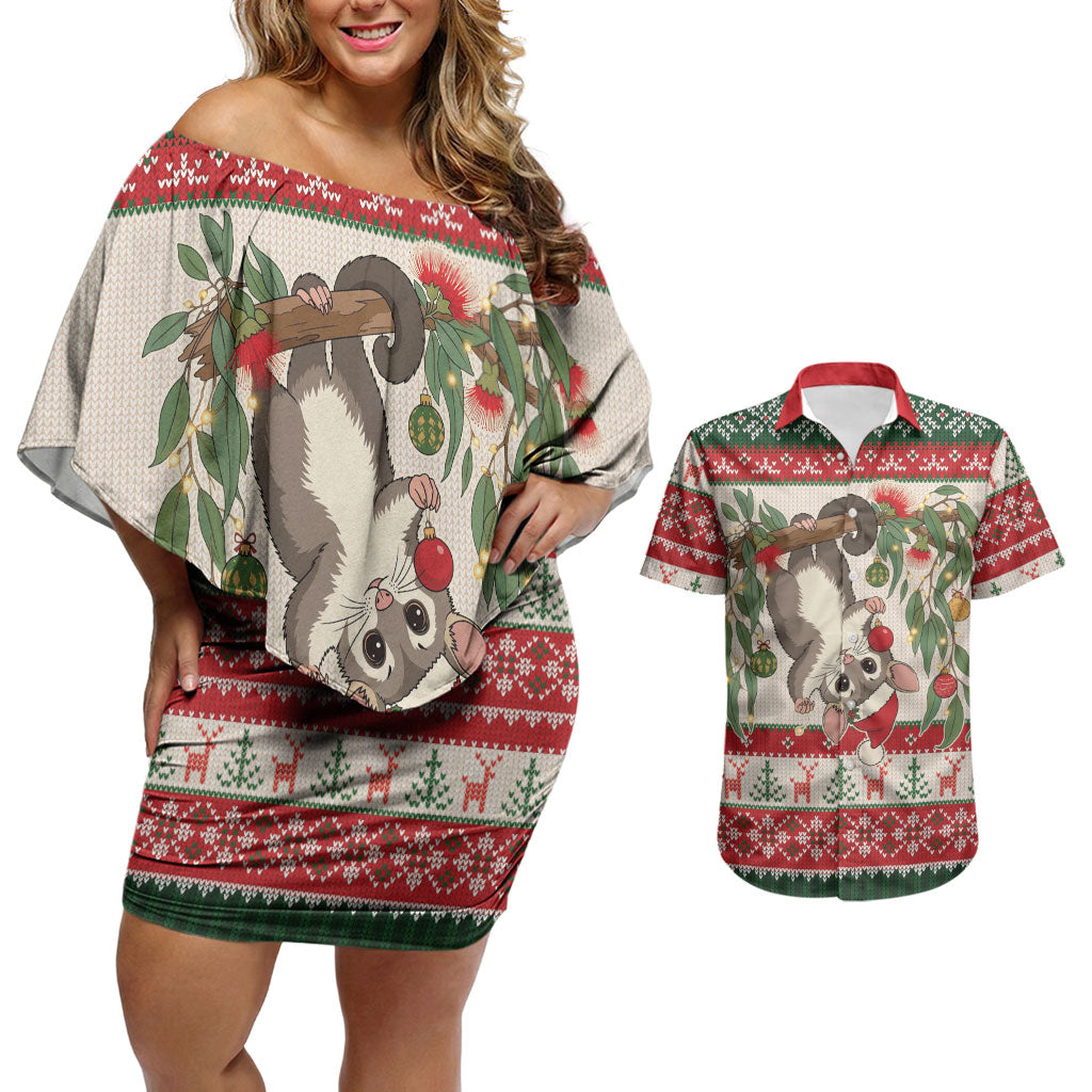 Aussie Sugar Glider Christmas Couples Matching Off Shoulder Short Dress and Hawaiian Shirt Festive Knitted Pattern Inspired