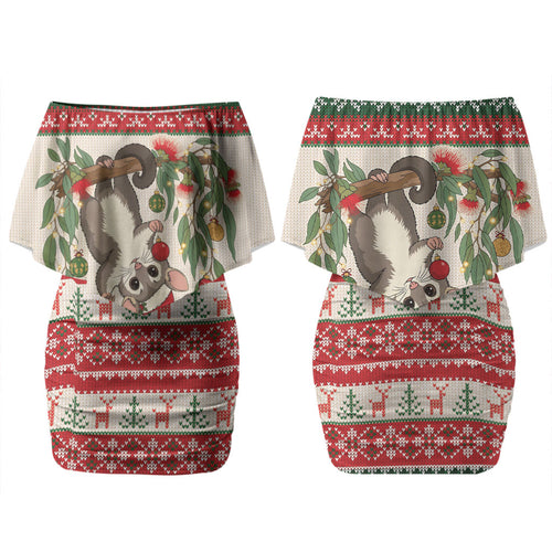Aussie Sugar Glider Christmas Couples Matching Off Shoulder Short Dress and Hawaiian Shirt Festive Knitted Pattern Inspired