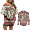 Aussie Sugar Glider Christmas Couples Matching Off Shoulder Short Dress and Long Sleeve Button Shirt Festive Knitted Pattern Inspired