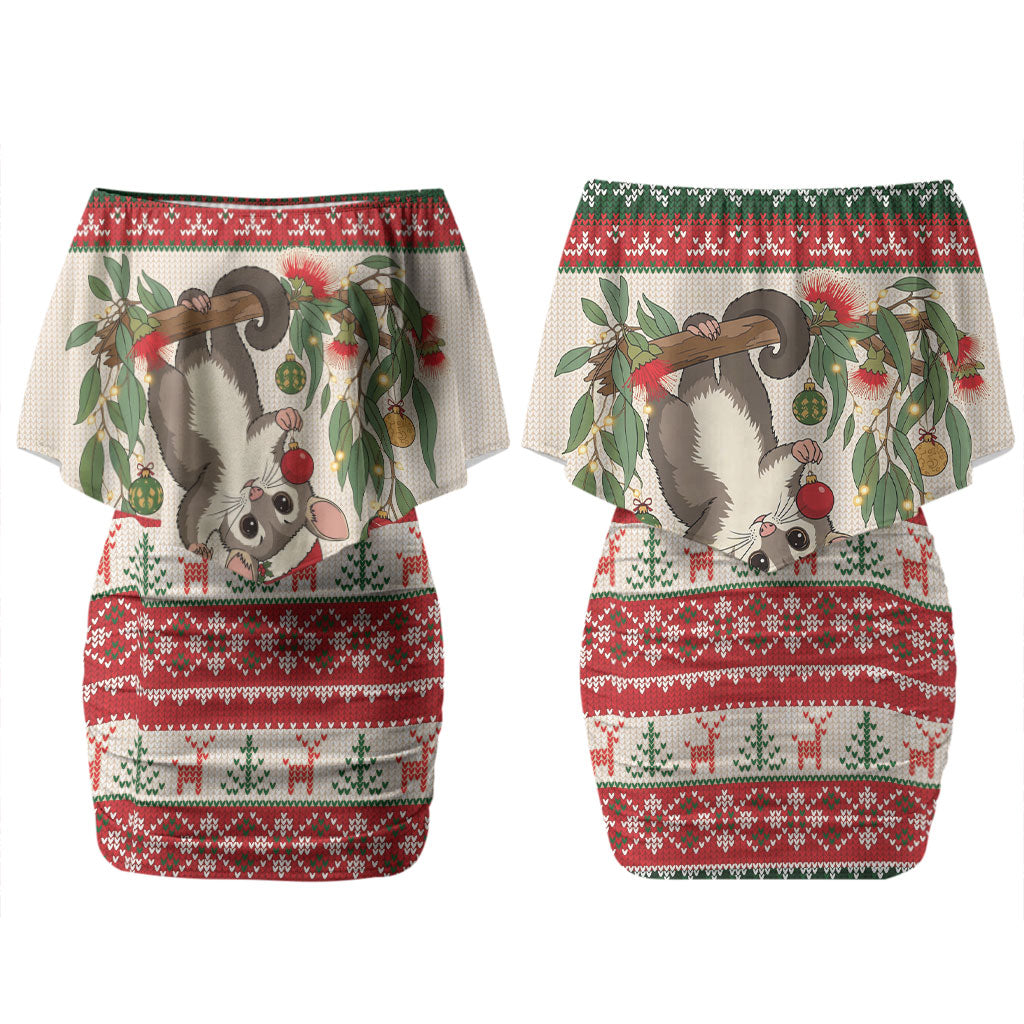 Aussie Sugar Glider Christmas Couples Matching Off Shoulder Short Dress and Long Sleeve Button Shirt Festive Knitted Pattern Inspired