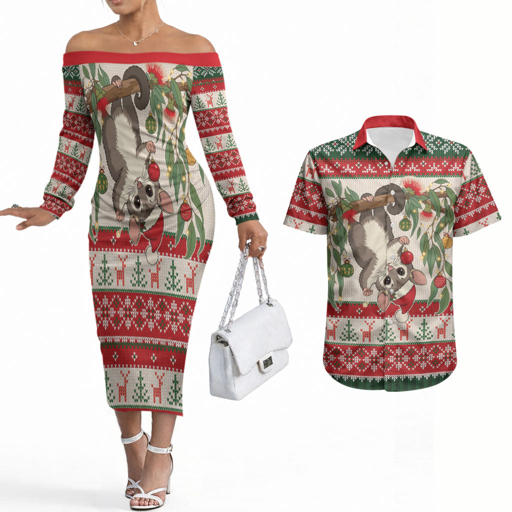 Aussie Sugar Glider Christmas Couples Matching Off The Shoulder Long Sleeve Dress and Hawaiian Shirt Festive Knitted Pattern Inspired