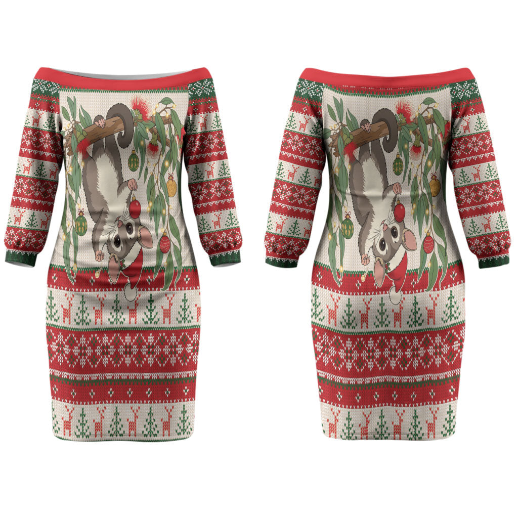 Aussie Sugar Glider Christmas Couples Matching Off The Shoulder Long Sleeve Dress and Hawaiian Shirt Festive Knitted Pattern Inspired