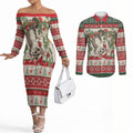 Aussie Sugar Glider Christmas Couples Matching Off The Shoulder Long Sleeve Dress and Long Sleeve Button Shirt Festive Knitted Pattern Inspired