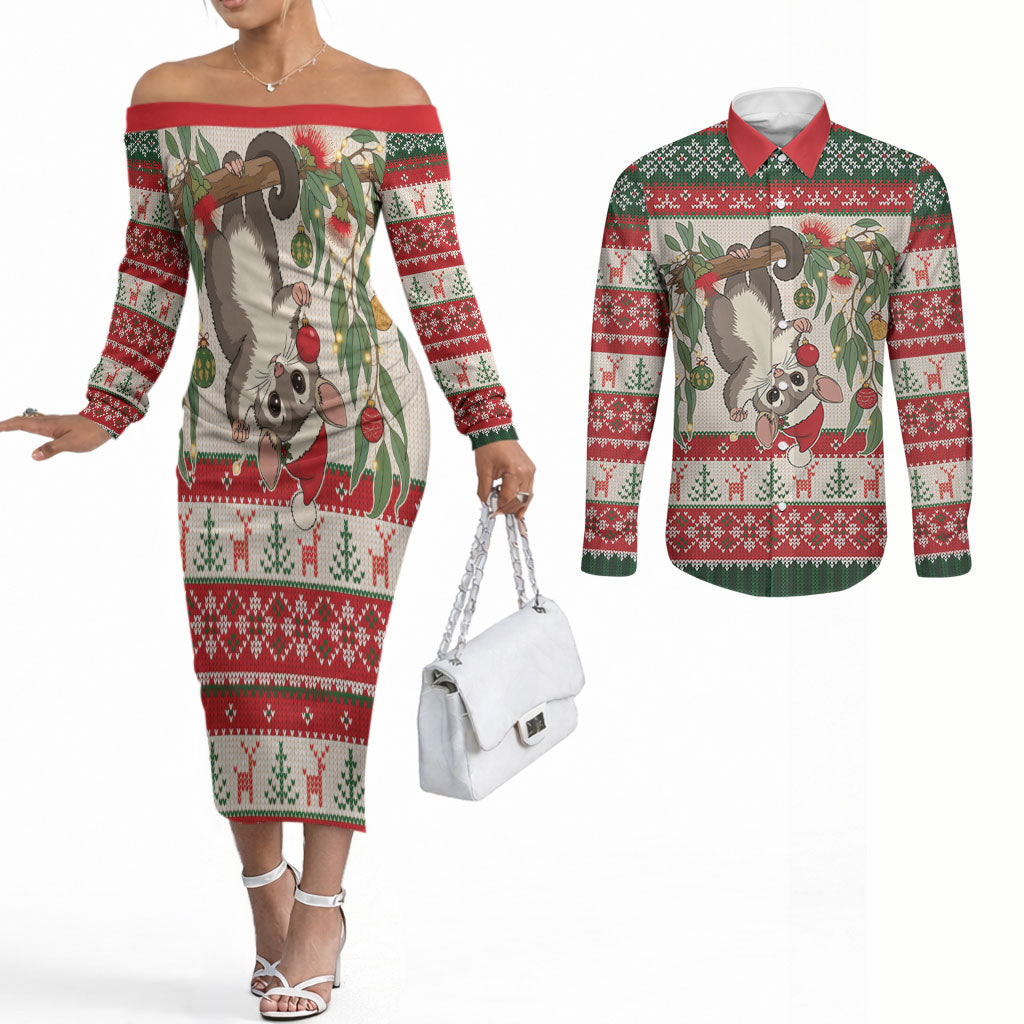 Aussie Sugar Glider Christmas Couples Matching Off The Shoulder Long Sleeve Dress and Long Sleeve Button Shirt Festive Knitted Pattern Inspired