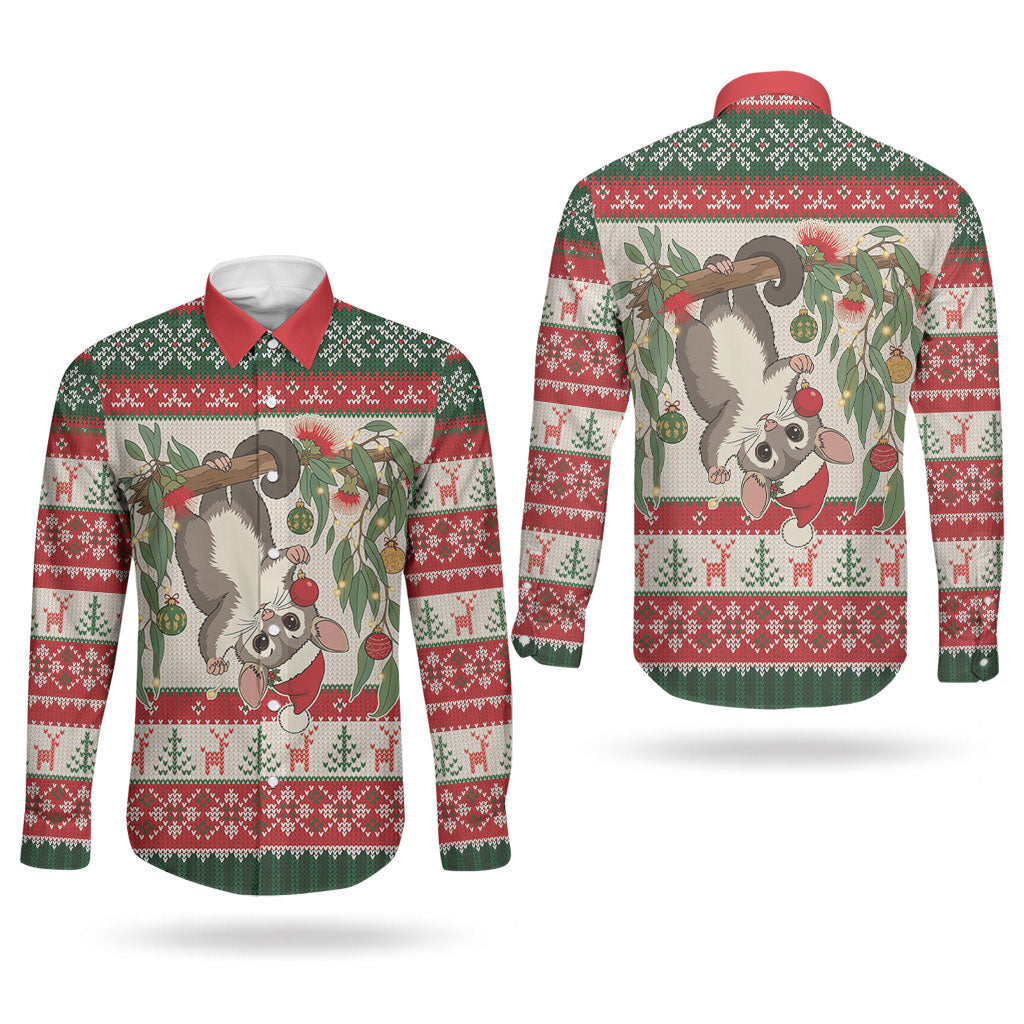 Aussie Sugar Glider Christmas Couples Matching Off The Shoulder Long Sleeve Dress and Long Sleeve Button Shirt Festive Knitted Pattern Inspired