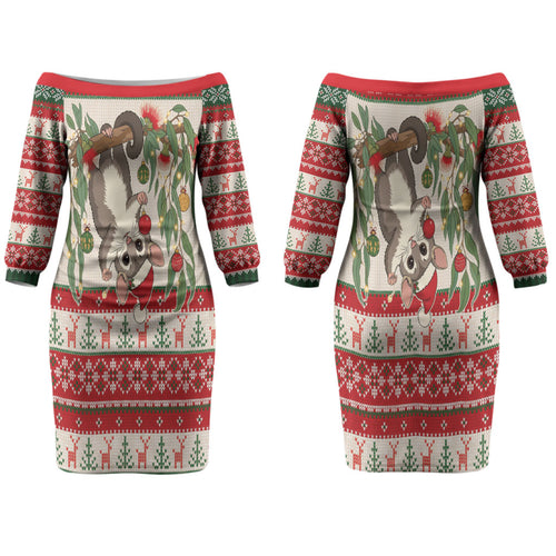 Aussie Sugar Glider Christmas Couples Matching Off The Shoulder Long Sleeve Dress and Long Sleeve Button Shirt Festive Knitted Pattern Inspired