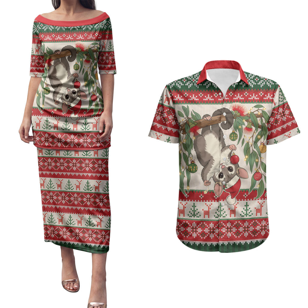 Aussie Sugar Glider Christmas Couples Matching Puletasi and Hawaiian Shirt Festive Knitted Pattern Inspired