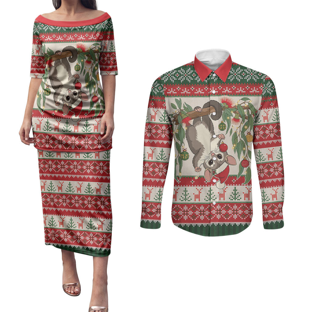 Aussie Sugar Glider Christmas Couples Matching Puletasi and Long Sleeve Button Shirt Festive Knitted Pattern Inspired