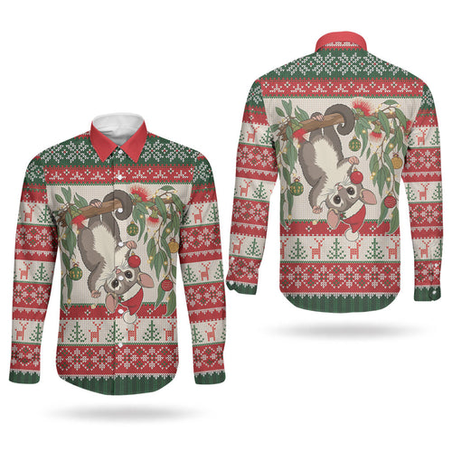 Aussie Sugar Glider Christmas Couples Matching Puletasi and Long Sleeve Button Shirt Festive Knitted Pattern Inspired