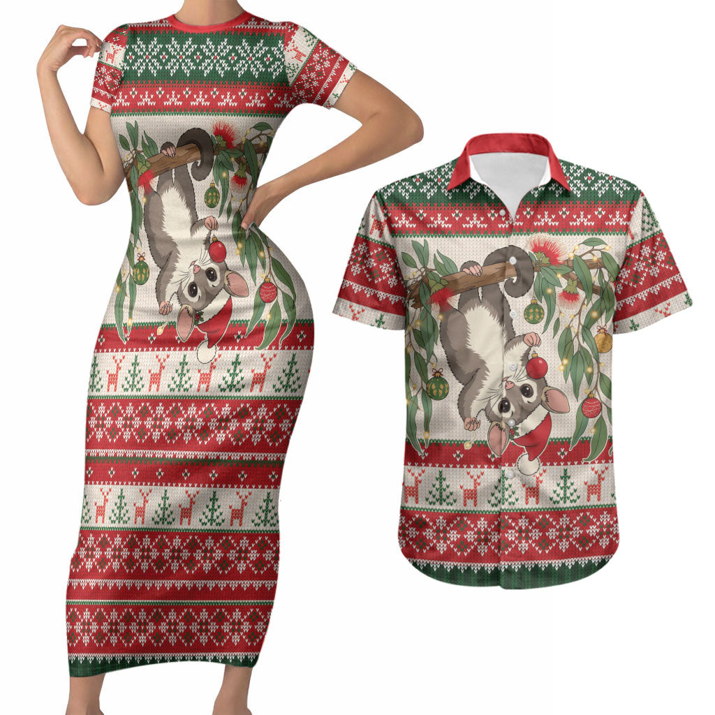 Aussie Sugar Glider Christmas Couples Matching Short Sleeve Bodycon Dress and Hawaiian Shirt Festive Knitted Pattern Inspired