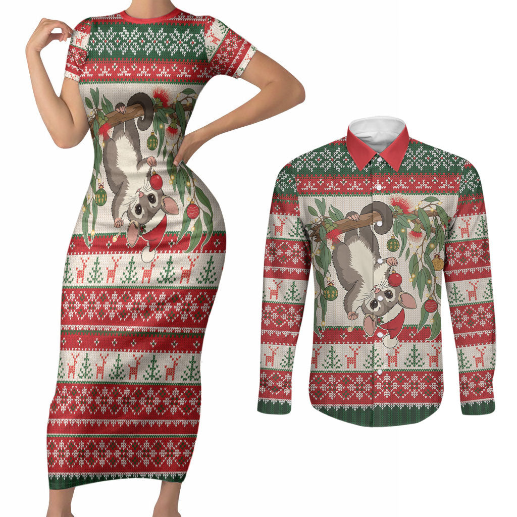 Aussie Sugar Glider Christmas Couples Matching Short Sleeve Bodycon Dress and Long Sleeve Button Shirt Festive Knitted Pattern Inspired