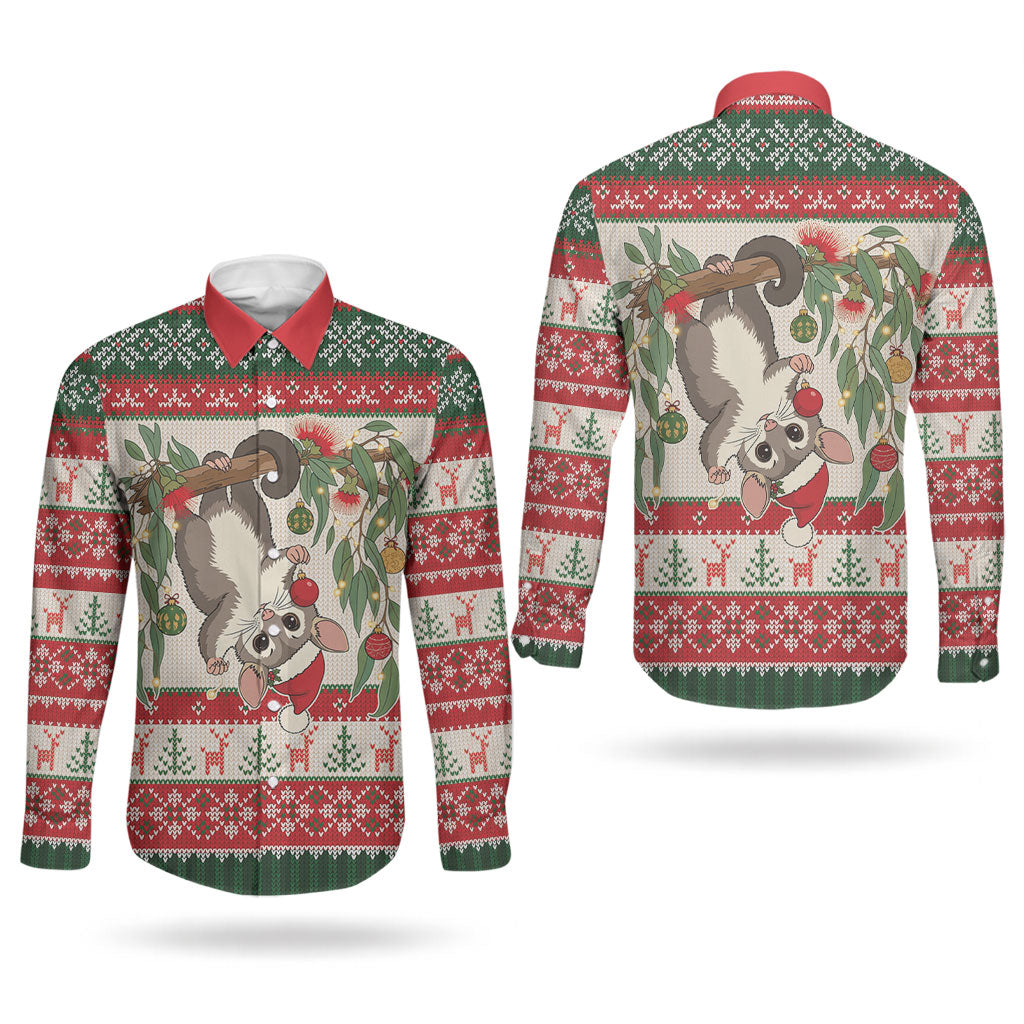 Aussie Sugar Glider Christmas Couples Matching Short Sleeve Bodycon Dress and Long Sleeve Button Shirt Festive Knitted Pattern Inspired