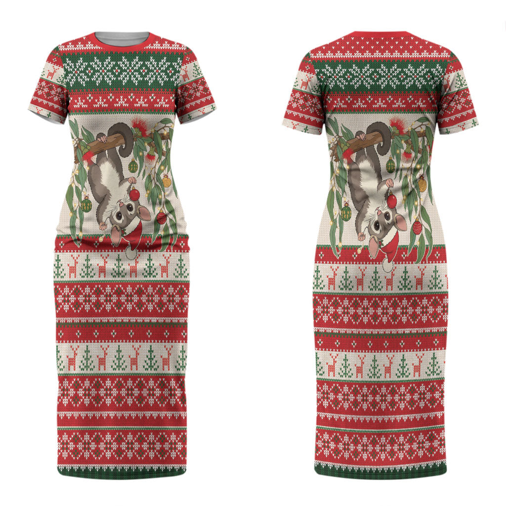 Aussie Sugar Glider Christmas Couples Matching Short Sleeve Bodycon Dress and Long Sleeve Button Shirt Festive Knitted Pattern Inspired