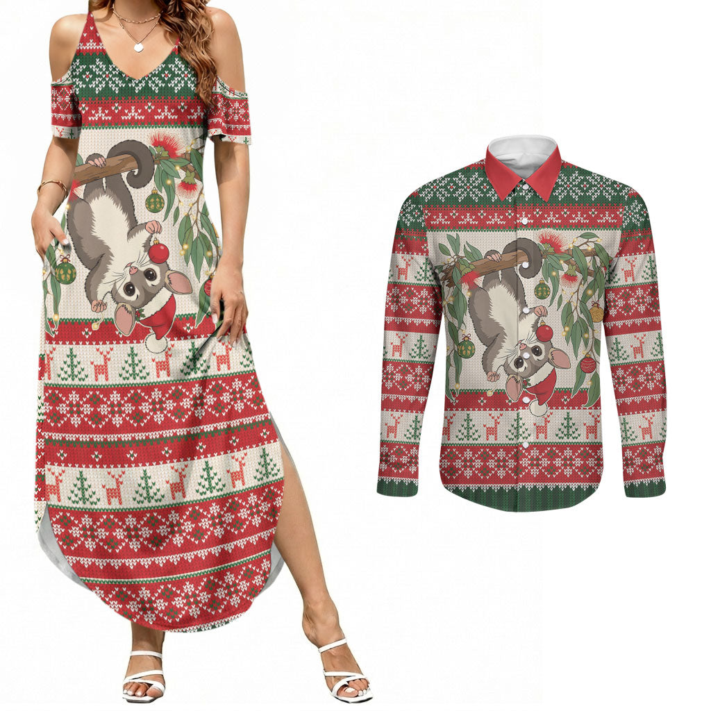 Aussie Sugar Glider Christmas Couples Matching Summer Maxi Dress and Long Sleeve Button Shirt Festive Knitted Pattern Inspired
