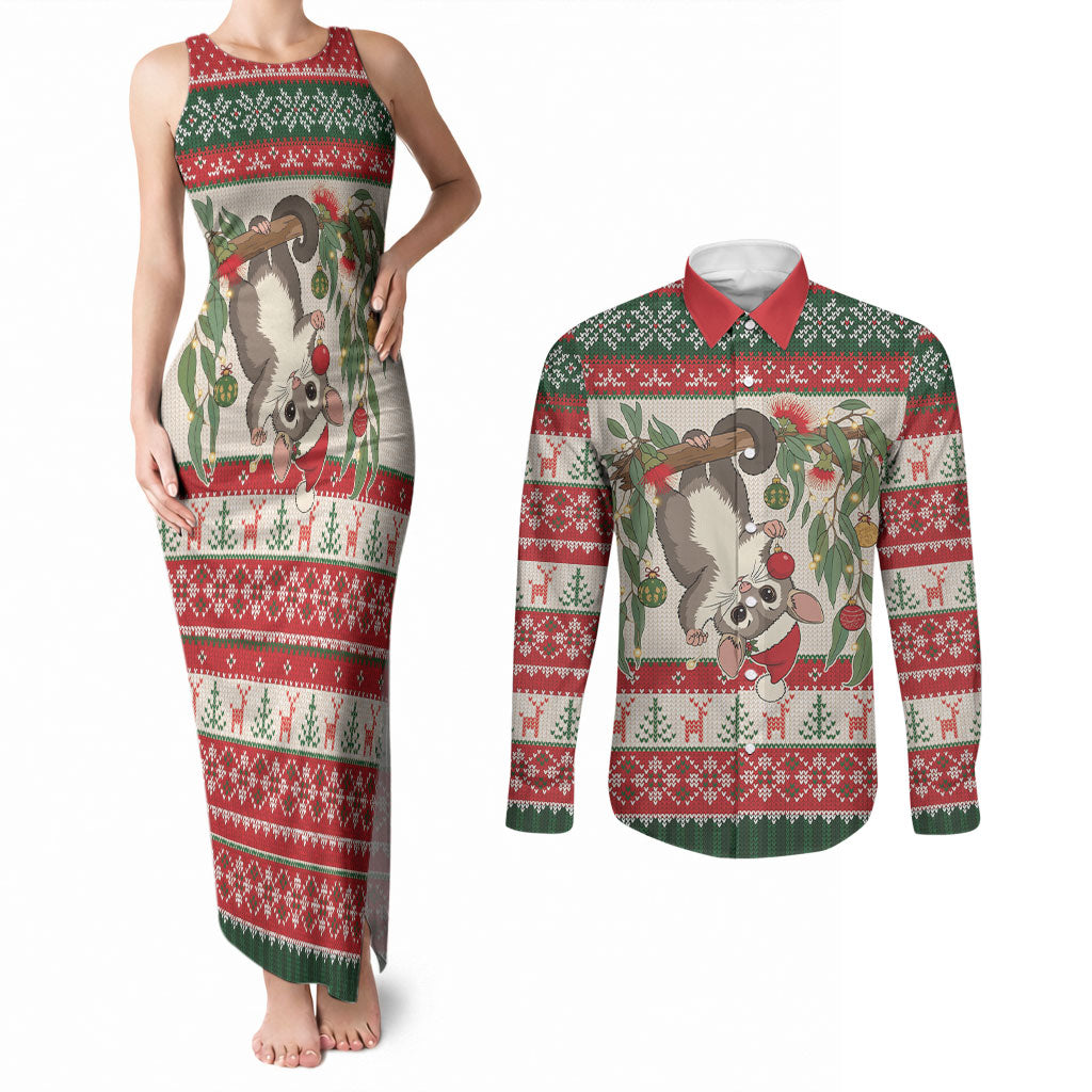 Aussie Sugar Glider Christmas Couples Matching Tank Maxi Dress and Long Sleeve Button Shirt Festive Knitted Pattern Inspired