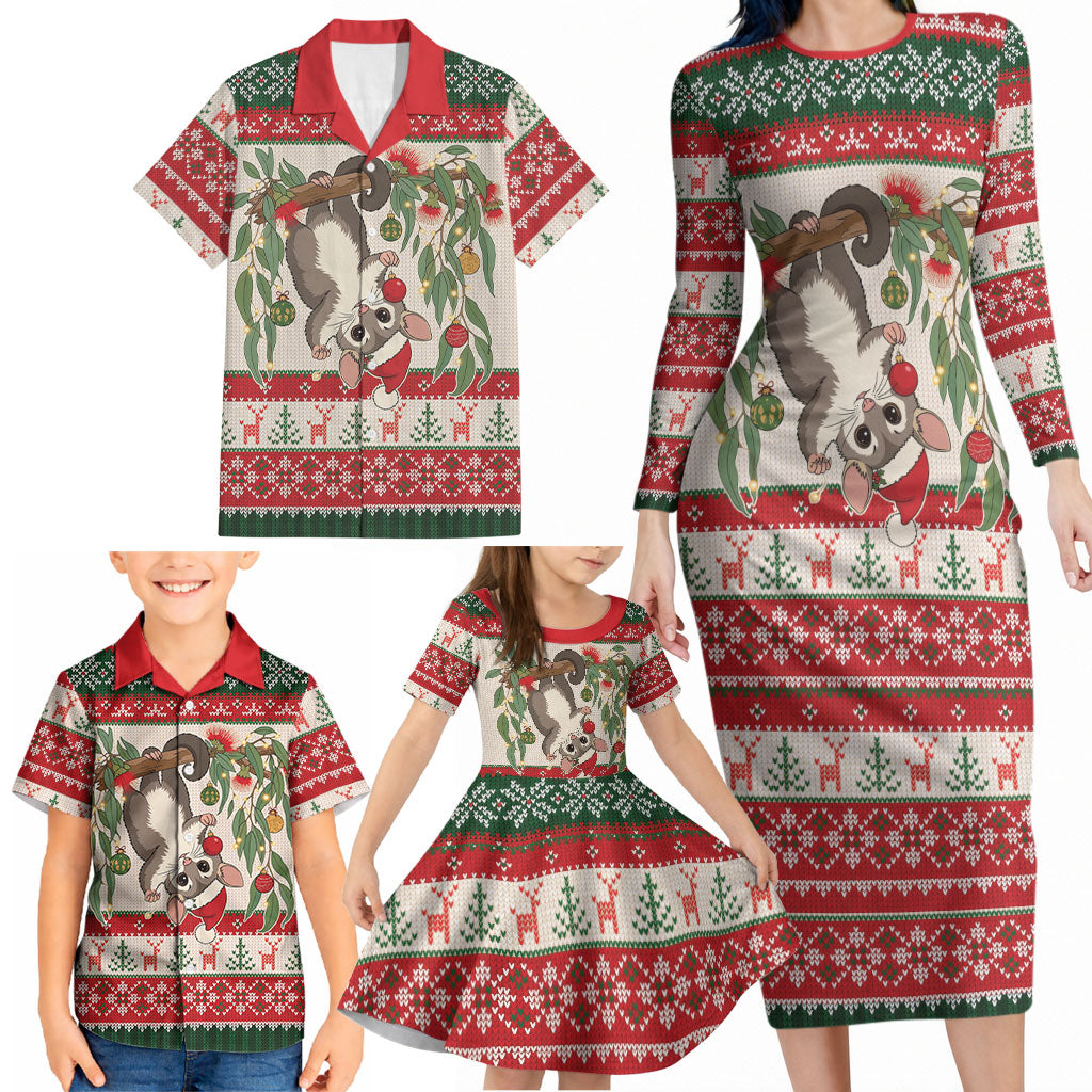 Aussie Sugar Glider Christmas Family Matching Long Sleeve Bodycon Dress and Hawaiian Shirt Festive Knitted Pattern Inspired