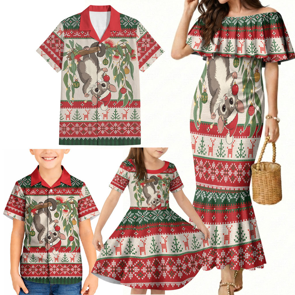 Aussie Sugar Glider Christmas Family Matching Mermaid Dress and Hawaiian Shirt Festive Knitted Pattern Inspired