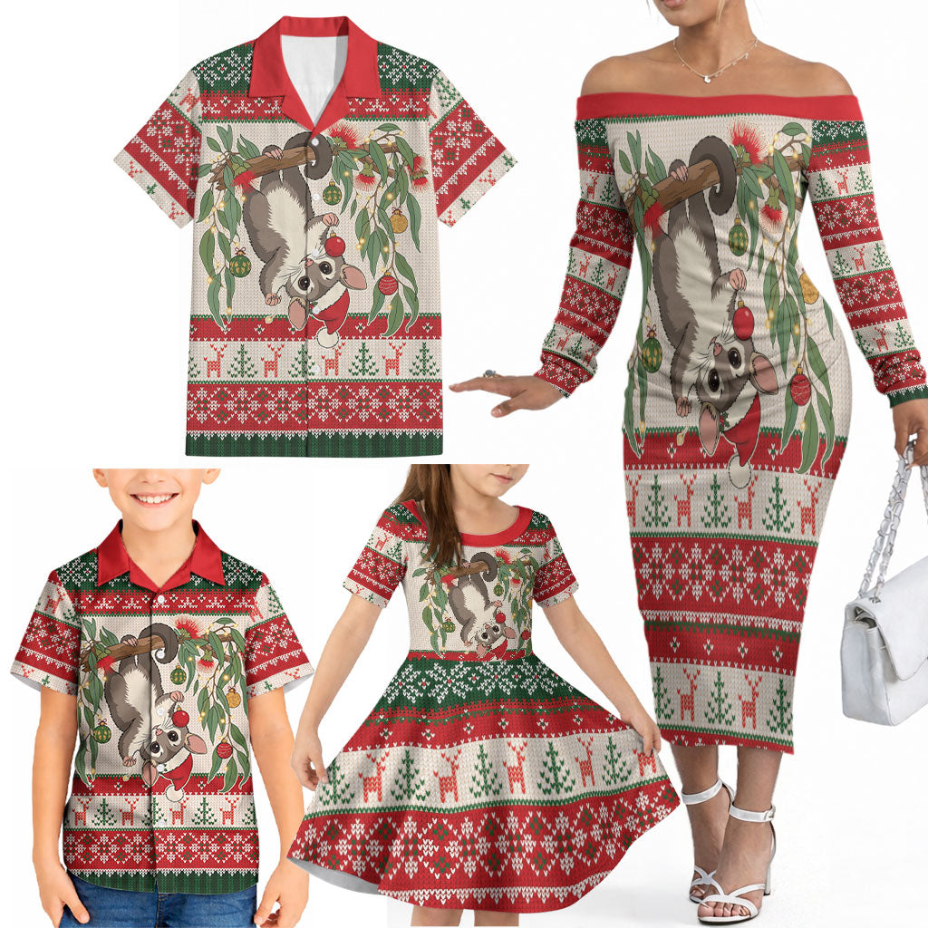 Aussie Sugar Glider Christmas Family Matching Off The Shoulder Long Sleeve Dress and Hawaiian Shirt Festive Knitted Pattern Inspired