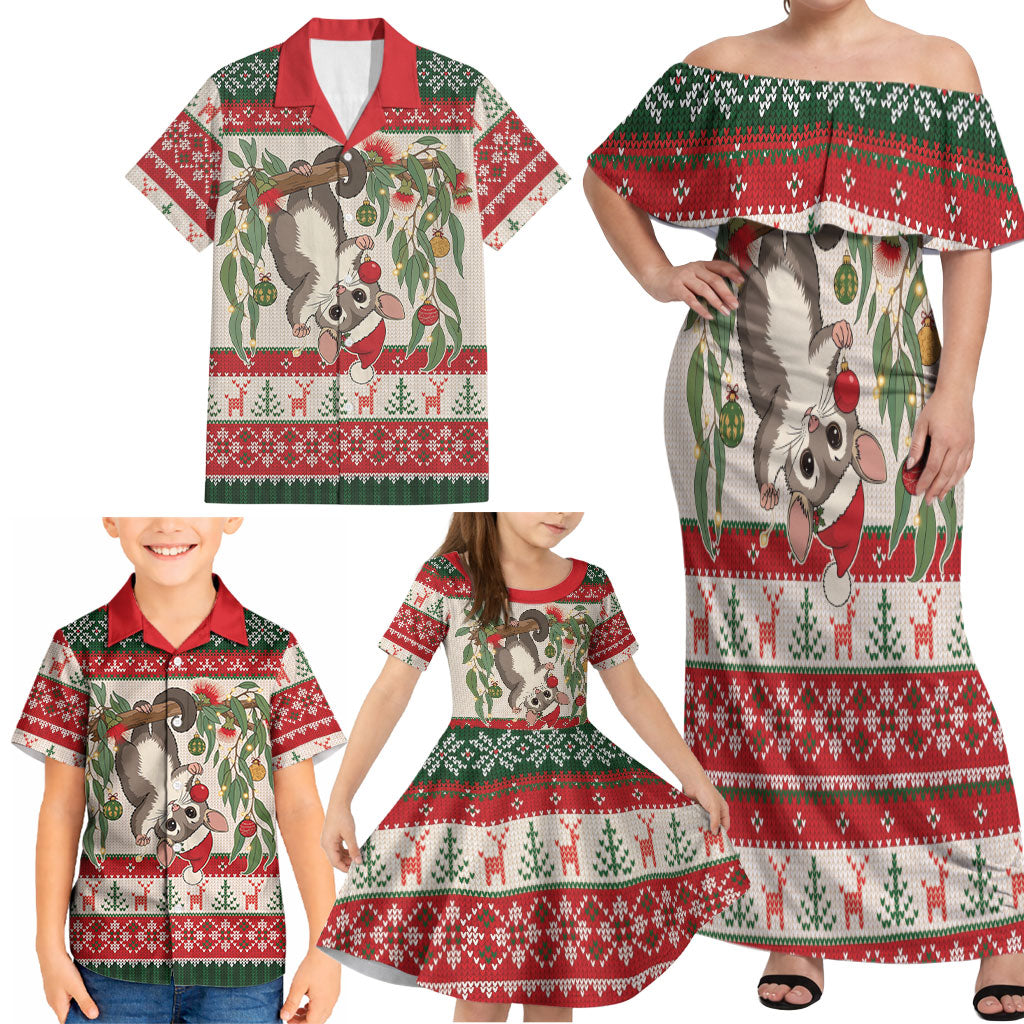 Aussie Sugar Glider Christmas Family Matching Off Shoulder Maxi Dress and Hawaiian Shirt Festive Knitted Pattern Inspired