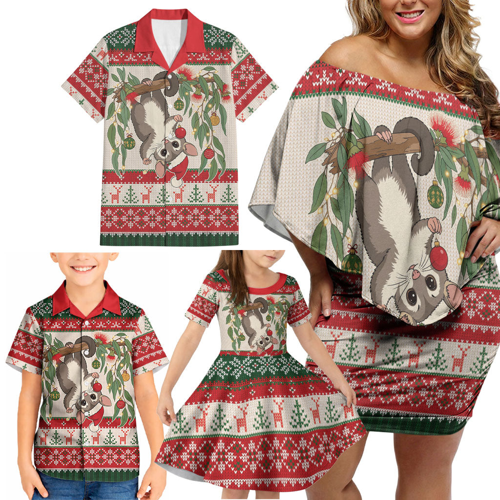 Aussie Sugar Glider Christmas Family Matching Off Shoulder Short Dress and Hawaiian Shirt Festive Knitted Pattern Inspired