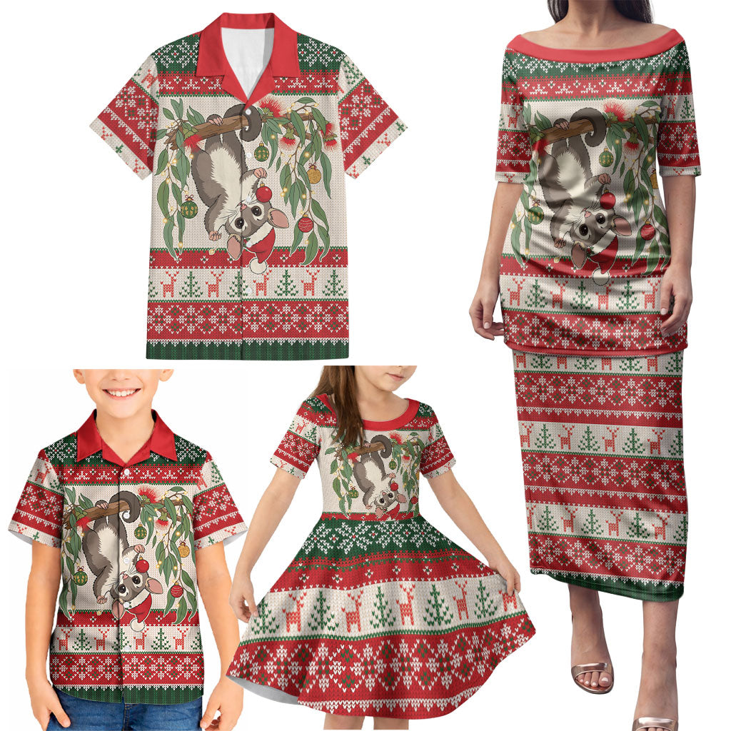 Aussie Sugar Glider Christmas Family Matching Puletasi and Hawaiian Shirt Festive Knitted Pattern Inspired