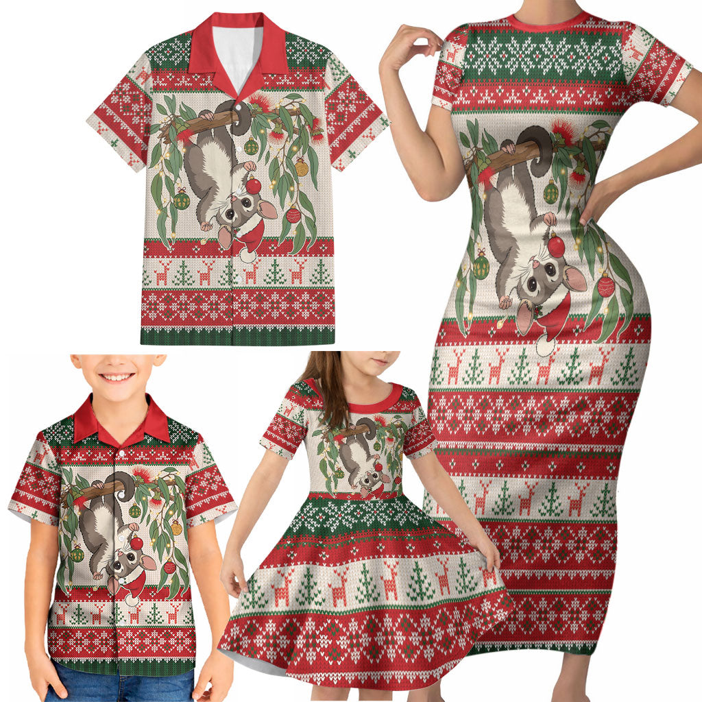 Aussie Sugar Glider Christmas Family Matching Short Sleeve Bodycon Dress and Hawaiian Shirt Festive Knitted Pattern Inspired