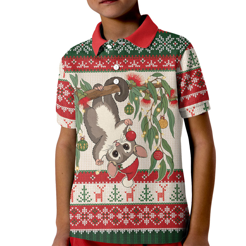 Aussie Sugar Glider Christmas Kid Polo Shirt Festive Knitted Pattern Inspired