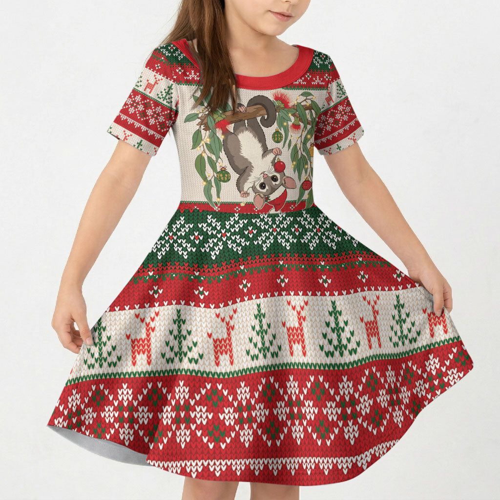 Aussie Sugar Glider Christmas Kid Short Sleeve Dress Festive Knitted Pattern Inspired