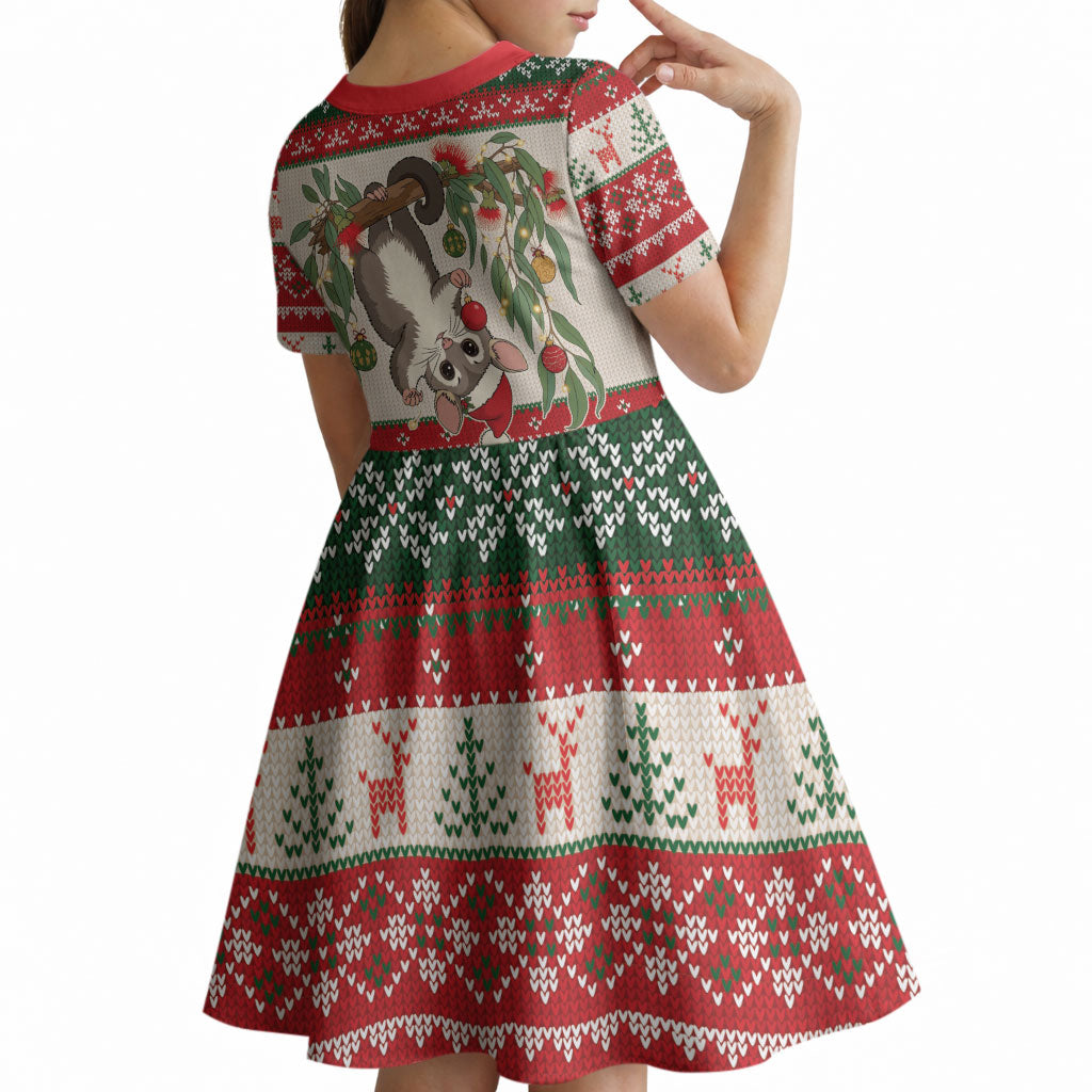 Aussie Sugar Glider Christmas Kid Short Sleeve Dress Festive Knitted Pattern Inspired