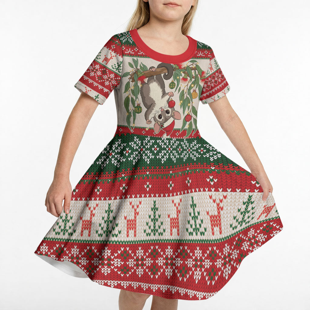 Aussie Sugar Glider Christmas Kid Short Sleeve Dress Festive Knitted Pattern Inspired
