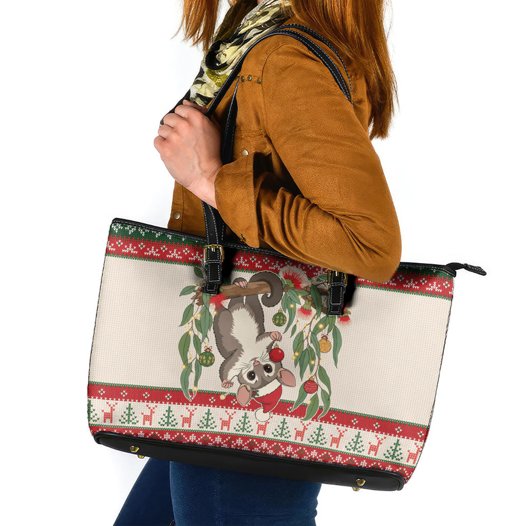 Aussie Sugar Glider Christmas Leather Tote Bag Festive Knitted Pattern Inspired