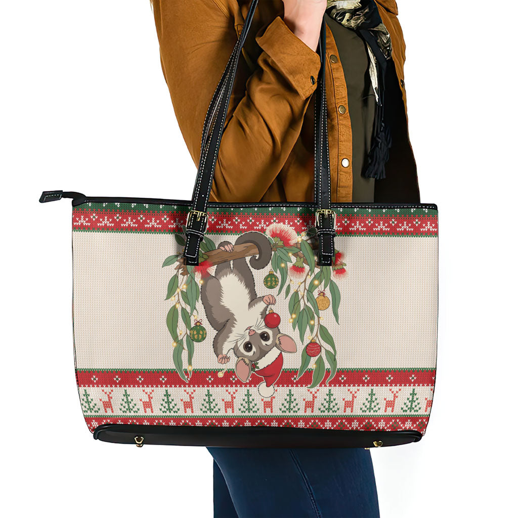 Aussie Sugar Glider Christmas Leather Tote Bag Festive Knitted Pattern Inspired