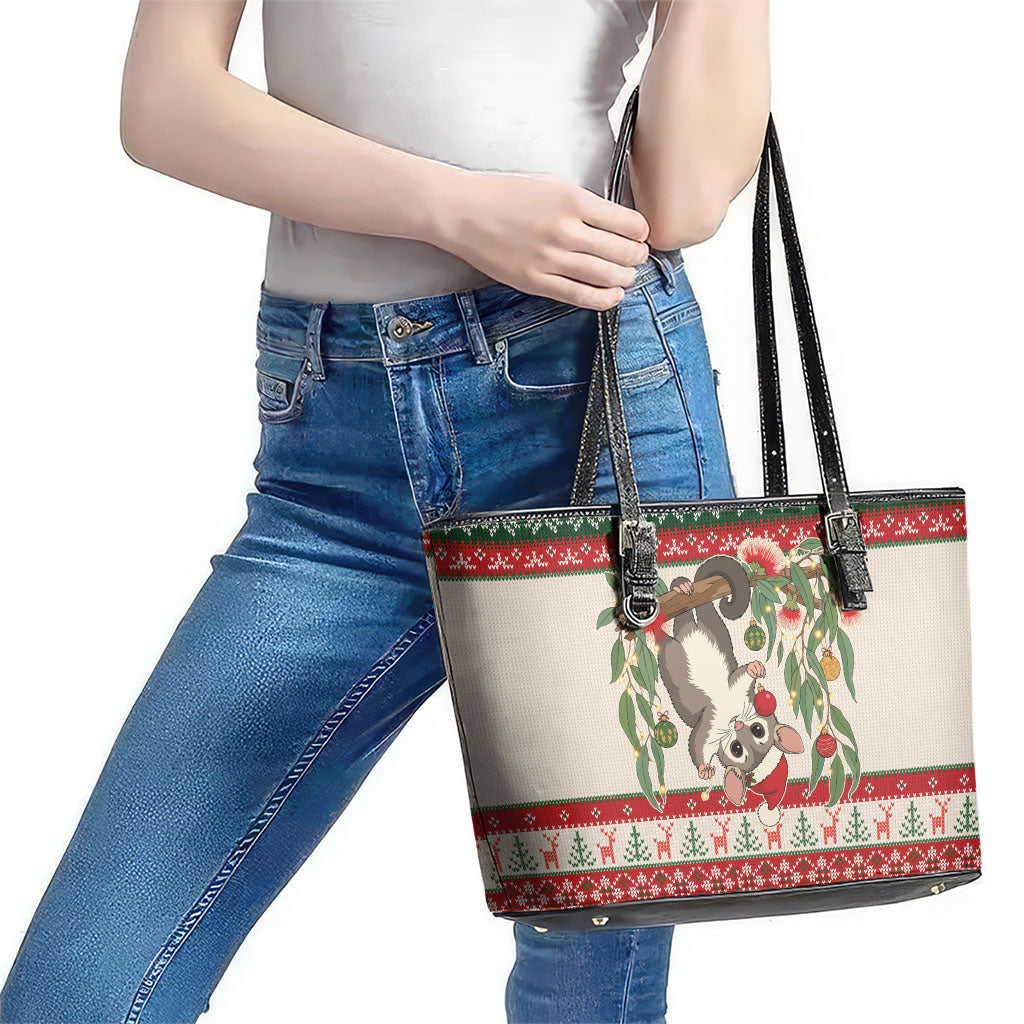 Aussie Sugar Glider Christmas Leather Tote Bag Festive Knitted Pattern Inspired