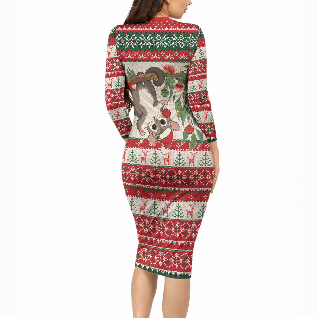 Aussie Sugar Glider Christmas Long Sleeve Bodycon Dress Festive Knitted Pattern Inspired