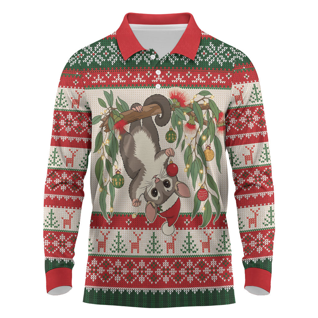 Aussie Sugar Glider Christmas Long Sleeve Polo Shirt Festive Knitted Pattern Inspired