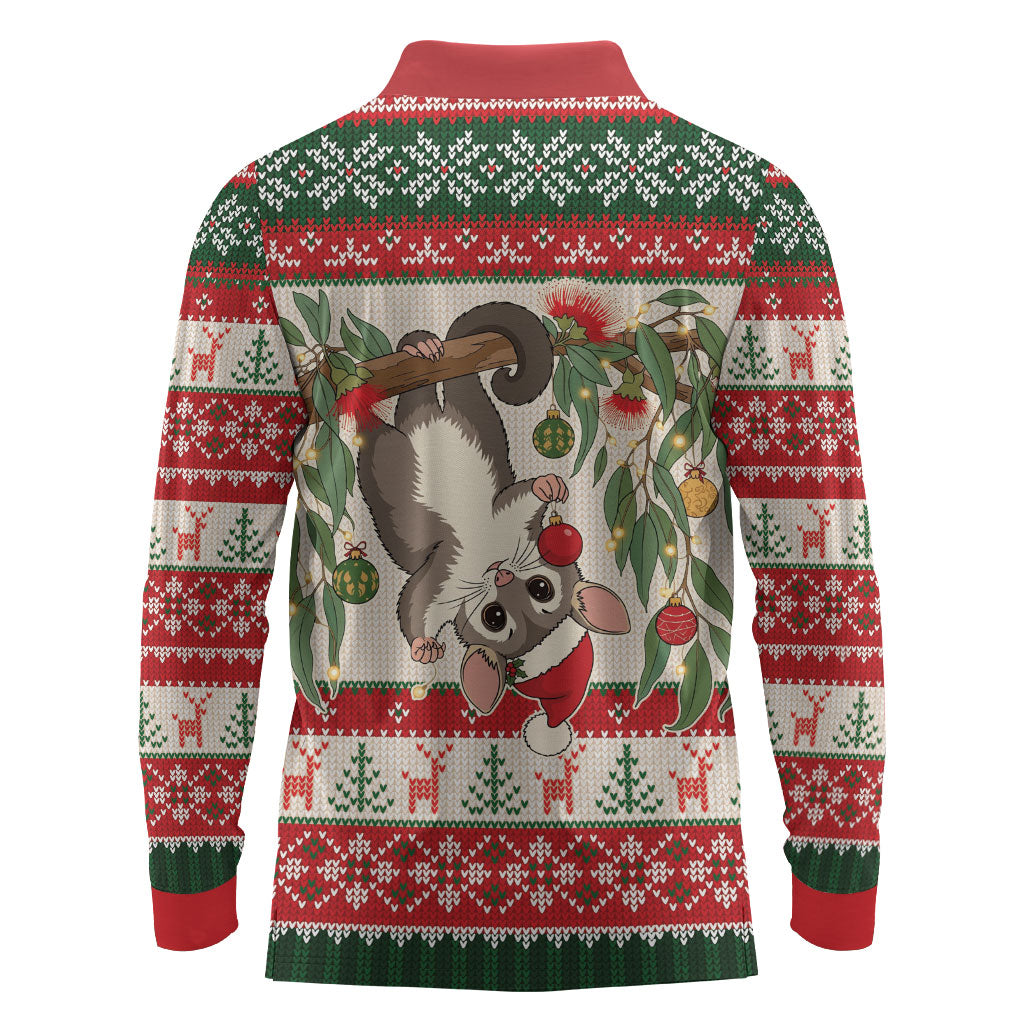 Aussie Sugar Glider Christmas Long Sleeve Polo Shirt Festive Knitted Pattern Inspired