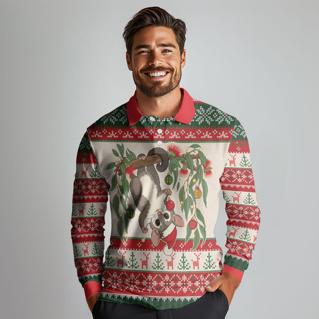 Aussie Sugar Glider Christmas Long Sleeve Polo Shirt Festive Knitted Pattern Inspired